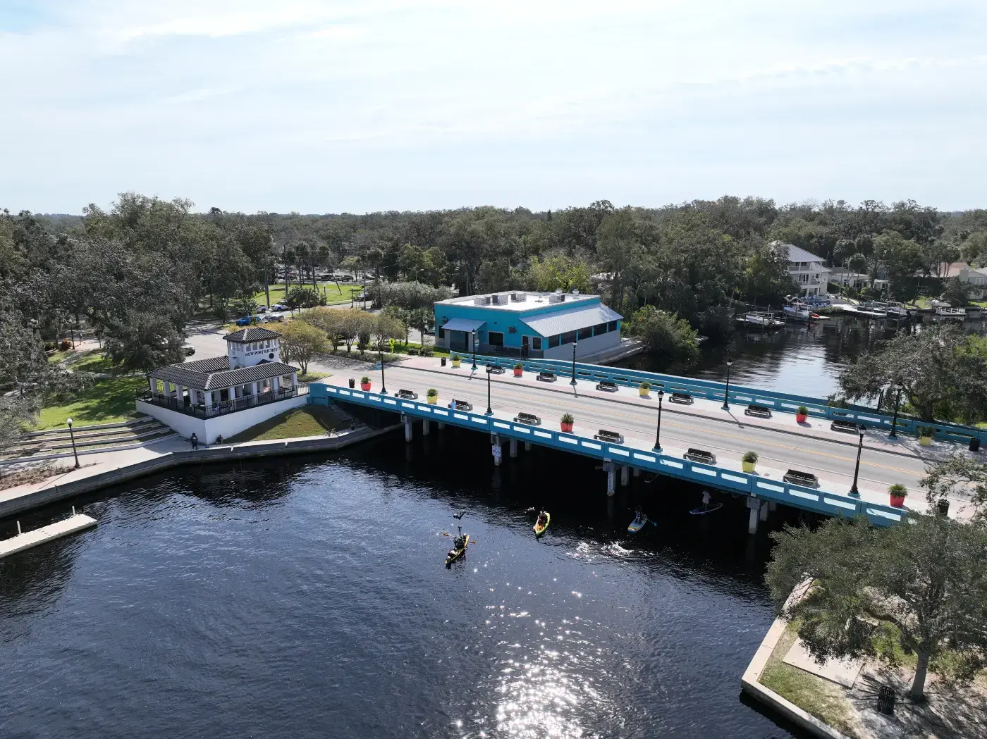 Aerial view of downtown New Port Richey, Florida, and the Main Street bridge over the Pithlachascotee River